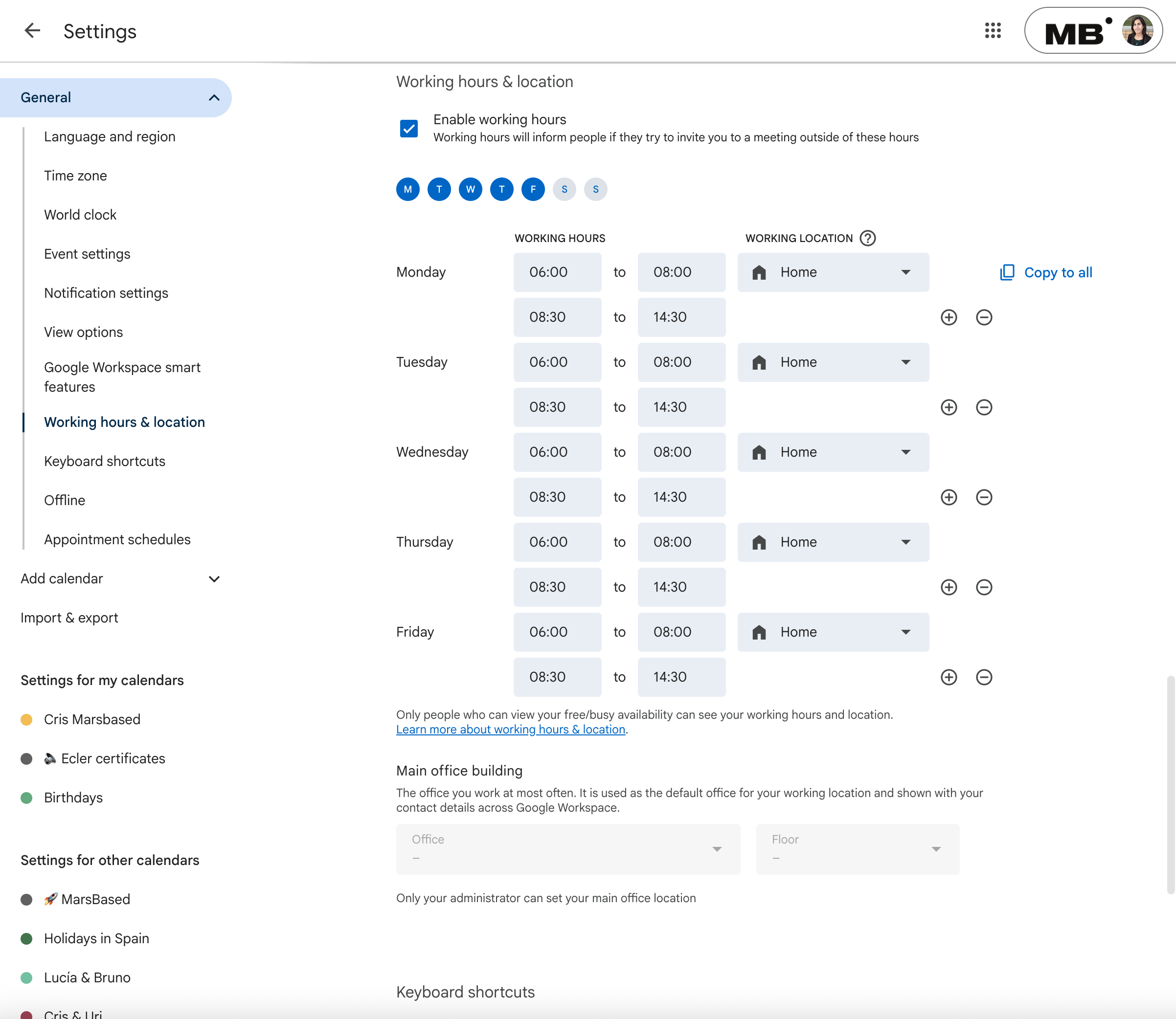 Calendar Working Hours Settings