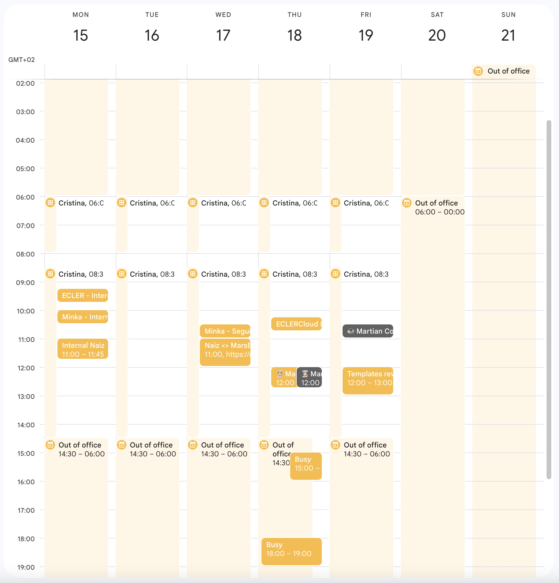 Calendar with Working Hours and Out of Office configured