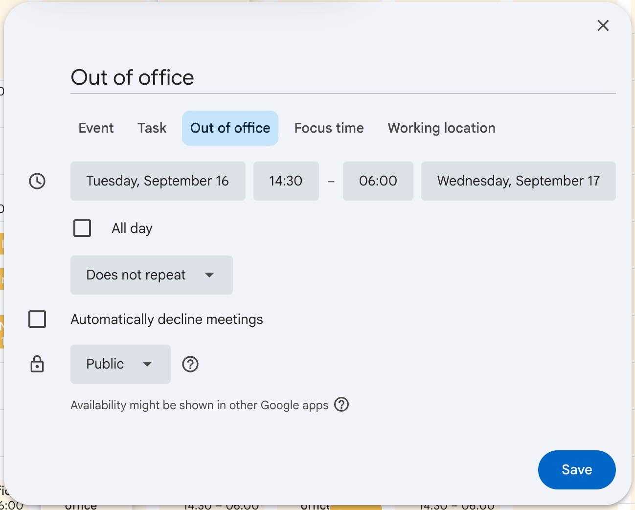 Creating an out of office event
